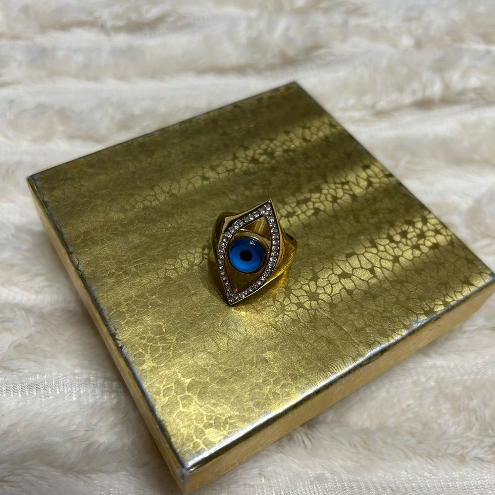 Gold Evil Eye Ring with Blue Accents - Picture 4 of 4